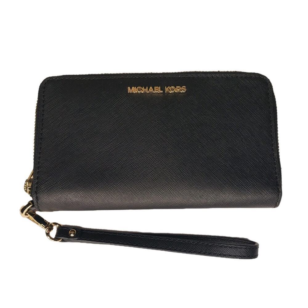 Michael Kors MK Jet Set Snap Wallet Cell Phone Case BLACK Wristlet Gold Hardware